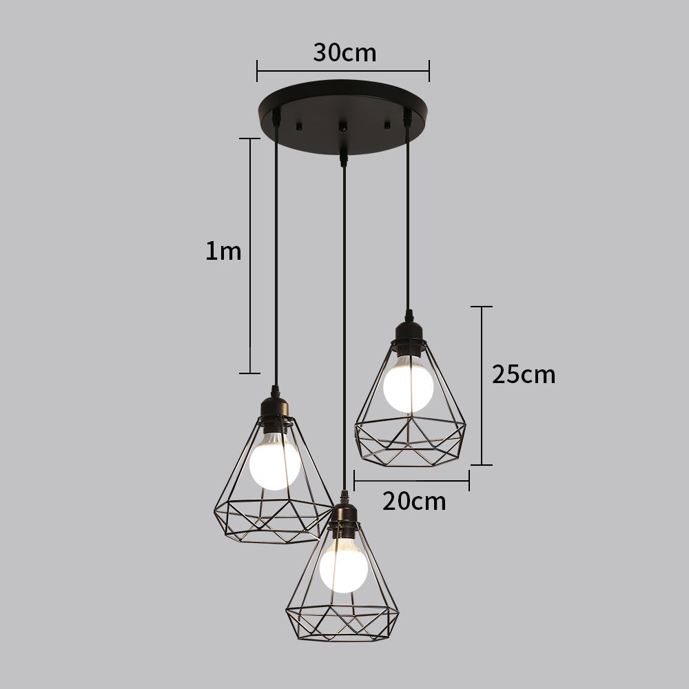 GOECO Suspension en Forme de Diamant avec Trois Abat-jours pour Salle à manger, salon - Câble Ajustable 1m, Base E27(sans Ampoule) - 2
