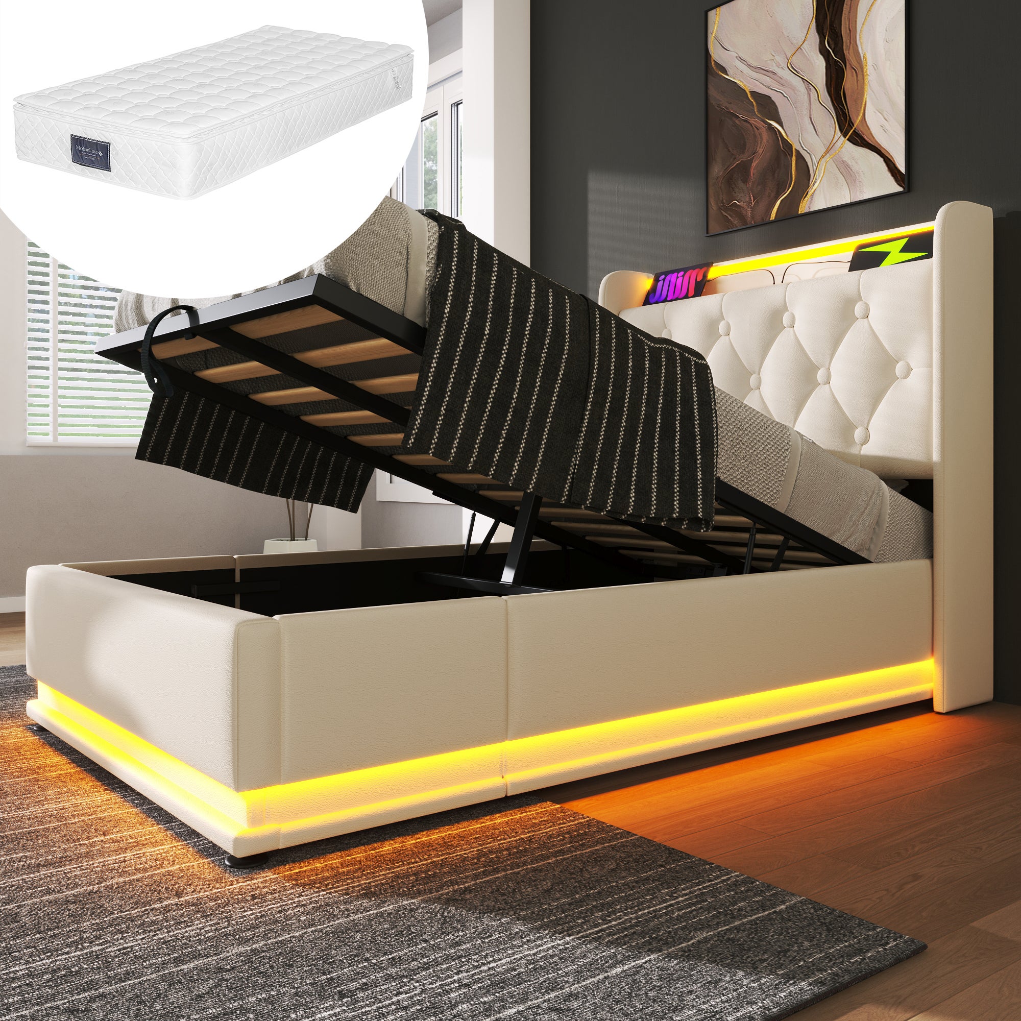 Łóżko tapicerowane 90x200 cm, funkcja LED 360 stopni, sterowanie przyciskiem/aplikacją/pilotem, białe, z materacem