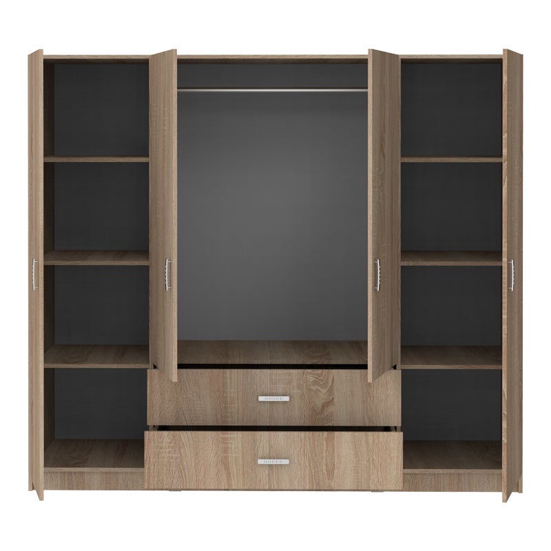 Roupeiro Sonoma 200 x 58 x 177 cm – 4 portas de abrir, varão metálico, prateleiras interiores e 2 gavetas, melamina resistente - 2