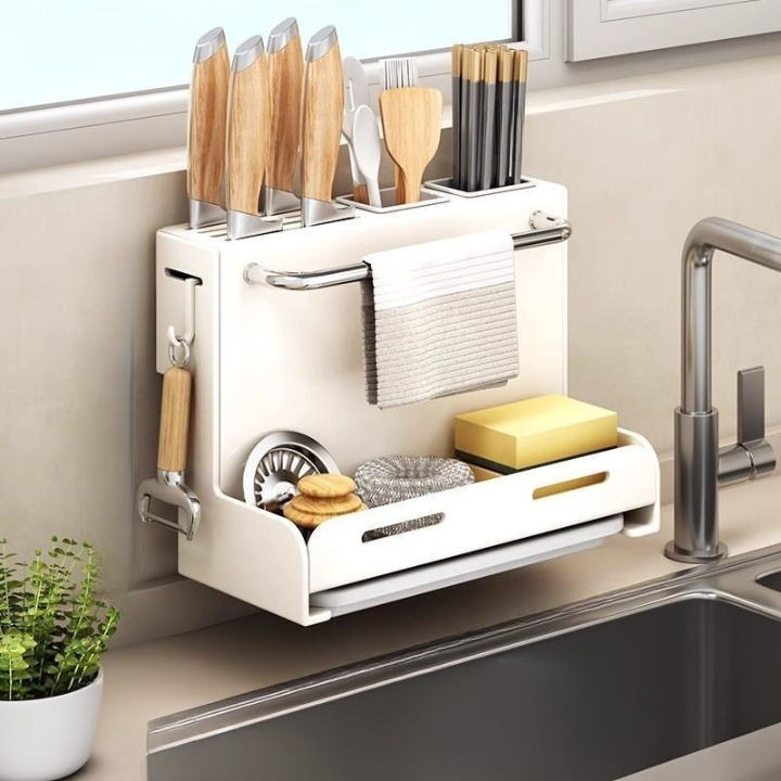 Stojak na noże kuchenne, uchwyt do przechowywania noży i pałeczek, bez wiercenia, montowany na ścianie, z tacką ociekową – 28,7 × 21 × 15 cm – beżowy