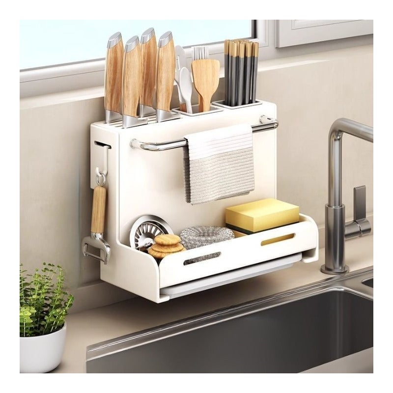 Stojak na noże kuchenne, uchwyt do przechowywania noży i pałeczek, bez wiercenia, montowany na ścianie, z tacką ociekową – 28,7 × 21 × 15 cm – beżowy