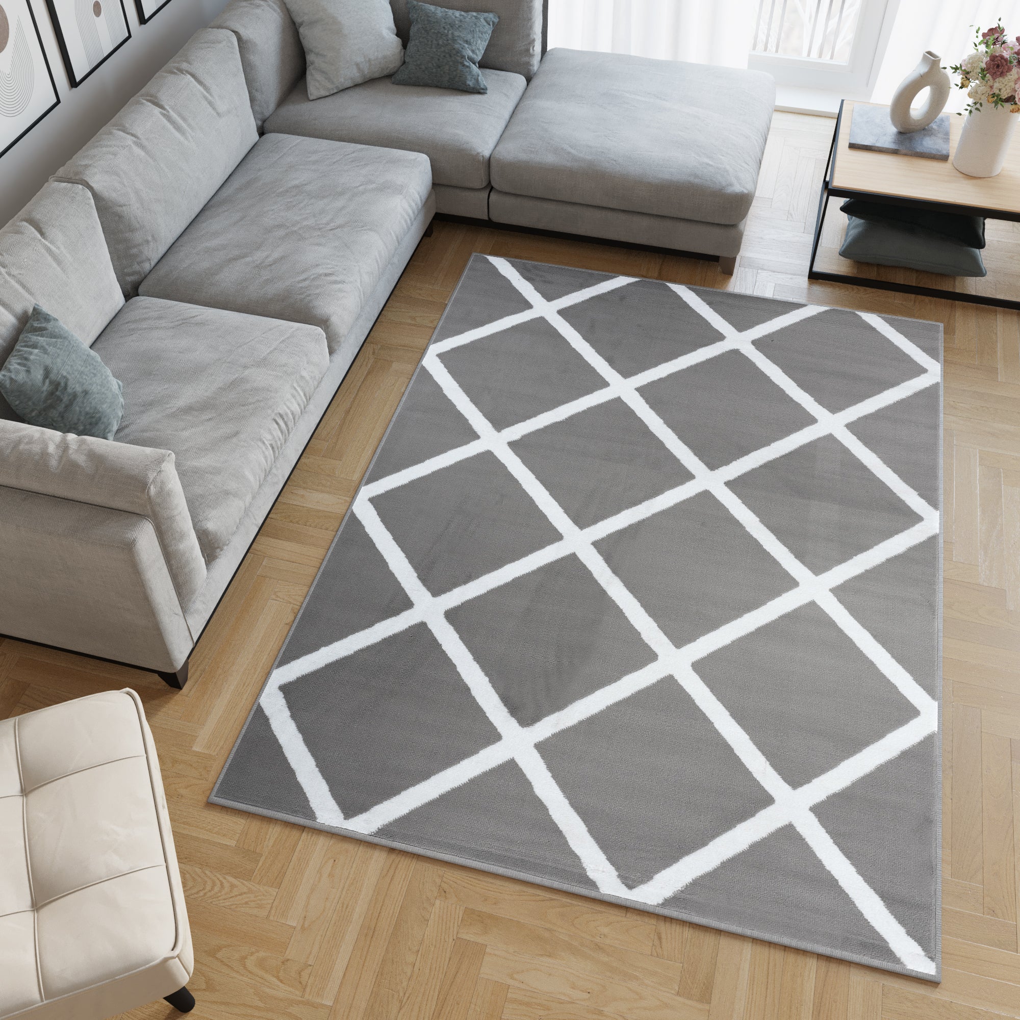 Tapiso Luxury Tapis de Salon Chambre Moderne Gris Clair Blanc Carreaux ...