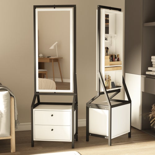 Joyero giratorio 360 grados con espejo de pie, 2 cajones, almacenamiento doble cara, blanco