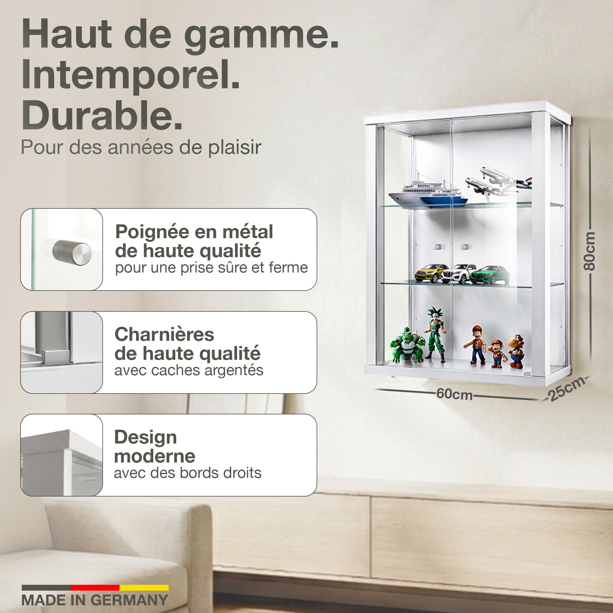 Ventanas Pvc K-Möbel Vitrine En Verre Argenté (80x60x25 Cm) Avec 2 étagères En Verre Estantería De Coleccionista 80x60x25