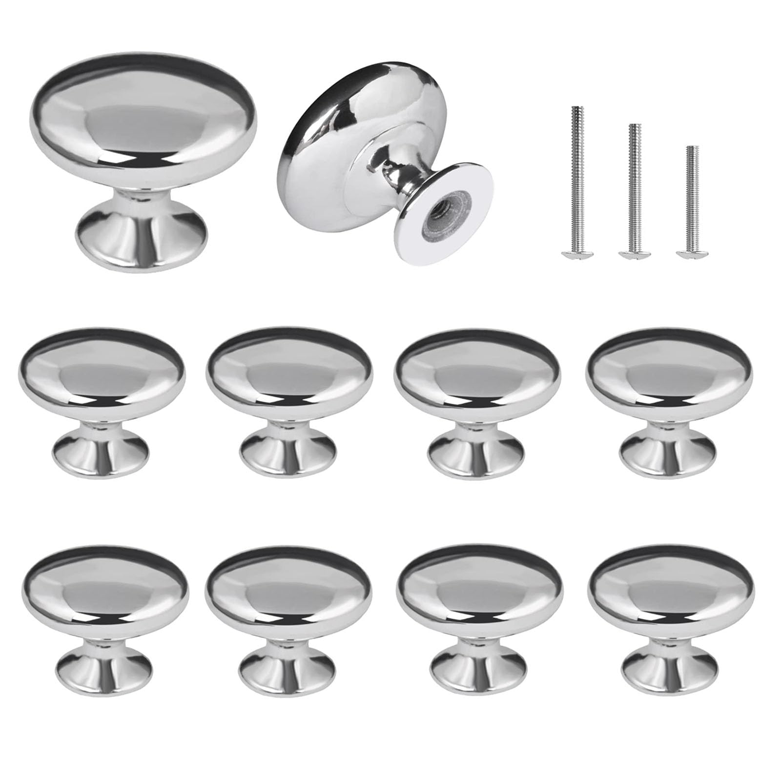 Zestaw 10 chromowanych gałek meblowych w kształcie grzybka, średnica 30 mm, kolor srebrny, do szaf, szafek, szuflad, kuchni, sypialni i łazienki