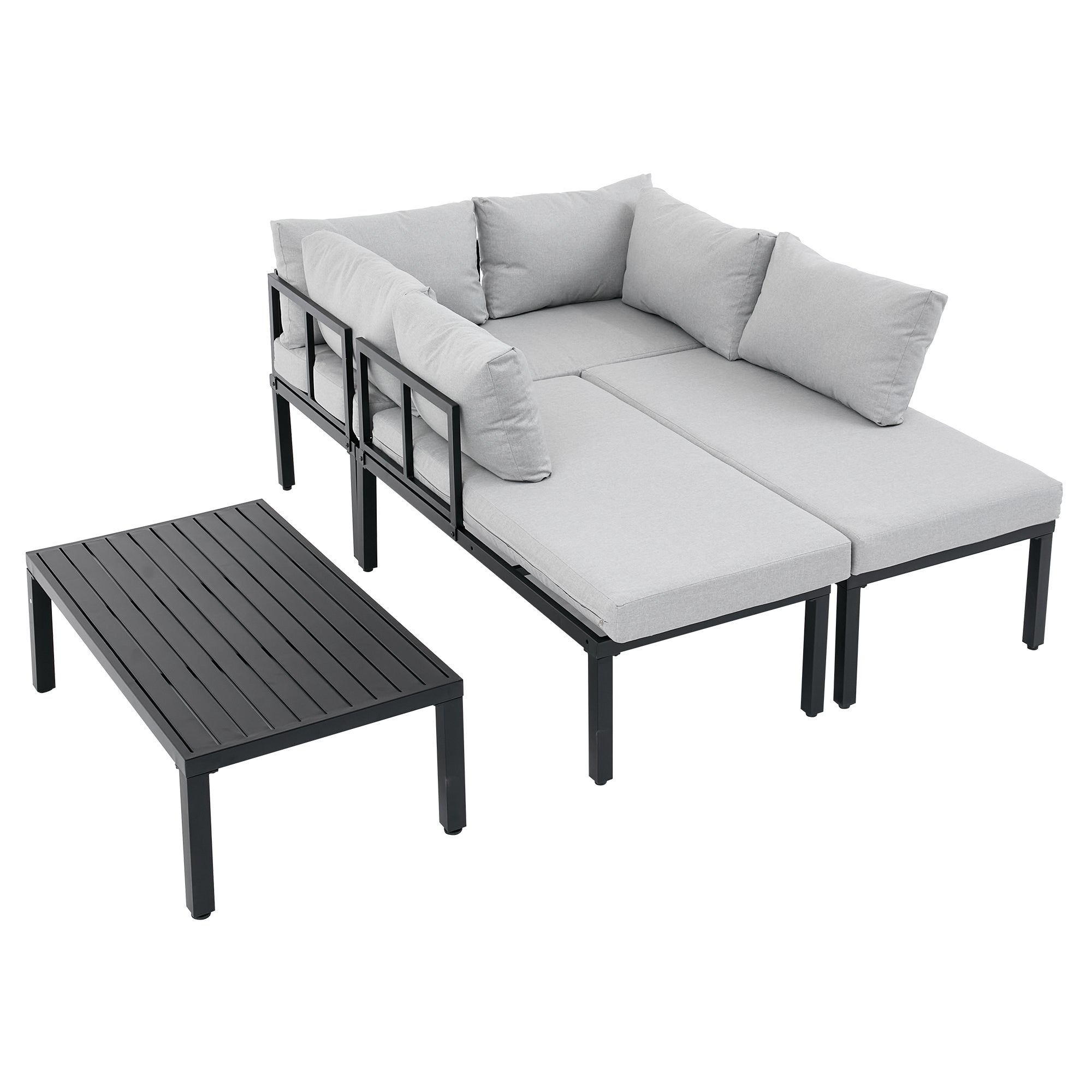 Salon de jardin modulable 6 places en acier galvanisé : canapé d'angle + méridienne + table basse rectanguleire - Gris - 10