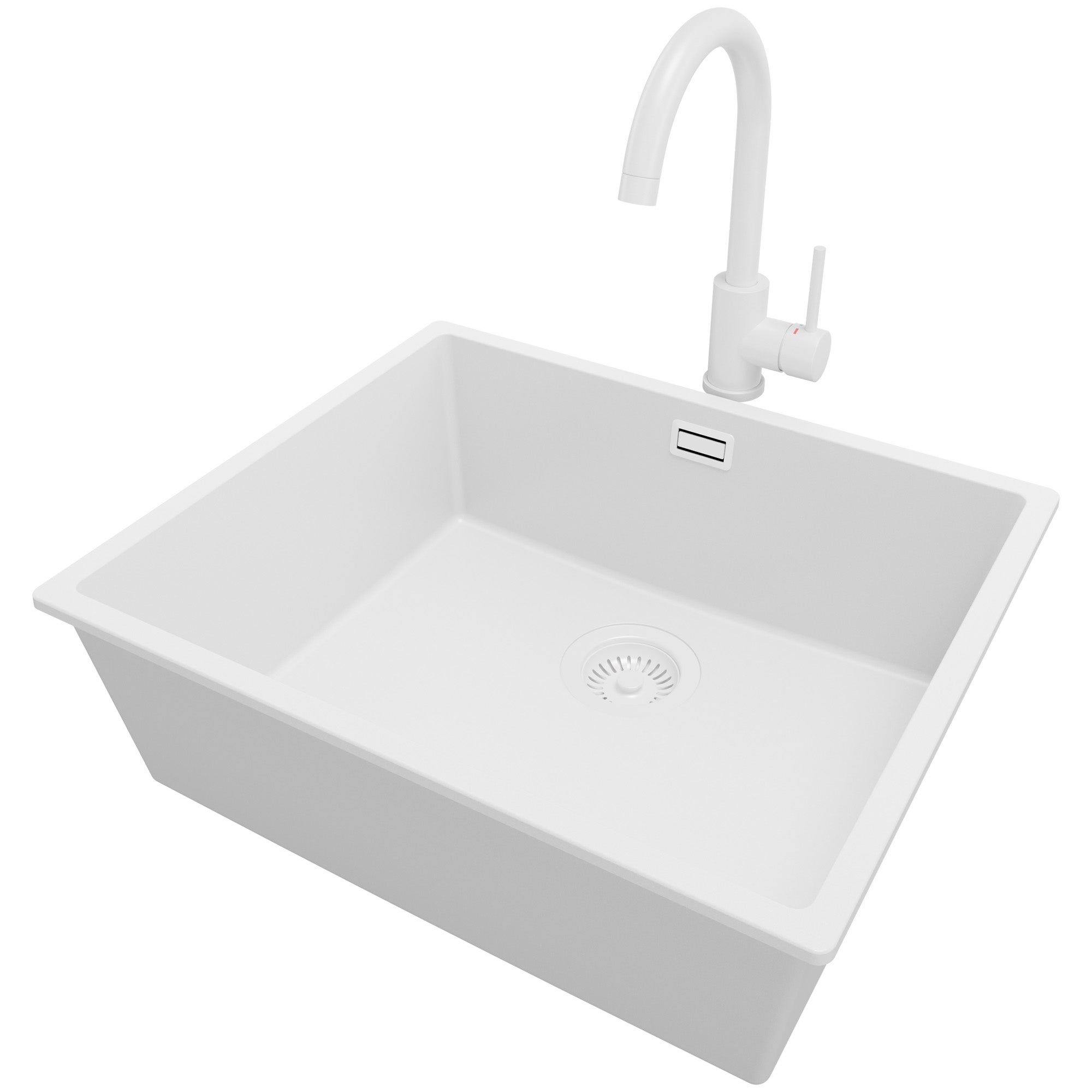 Zlewozmywak podblatowy Cały Biały 56x47cm, Zlew Kuchenny 1 Komorowy + Bateria 32x20cm + Syfon, do szafki od 60cm - Londyn PRIMAGRAN