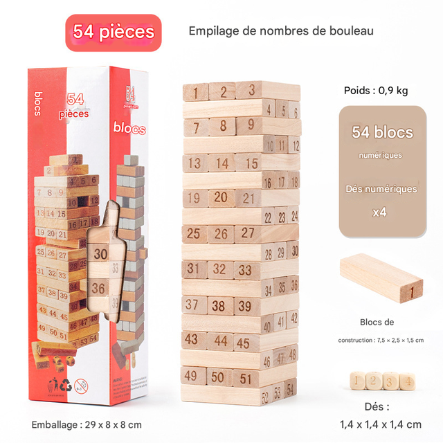 Mini Jenga, juego de mesa Jenga de madera de 54 piezas, incluye 4 dados, idea de regalo de Navidad