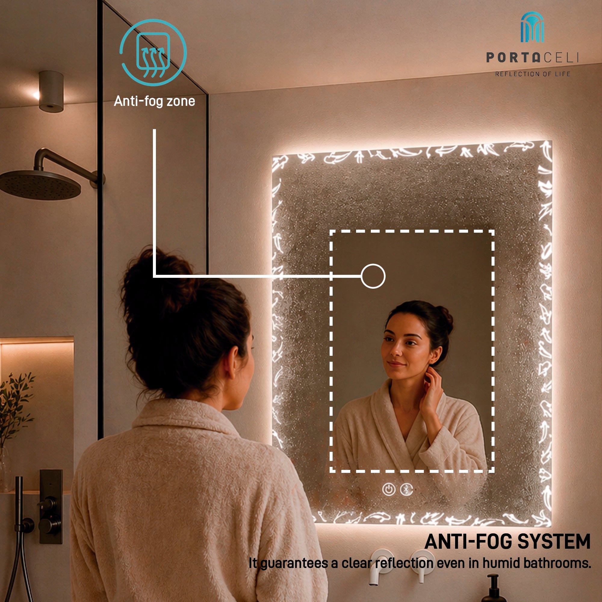 Miroir de salle de bain Koi Connect 80 x 80, APP, Anti-buée et Bluetooth - 5