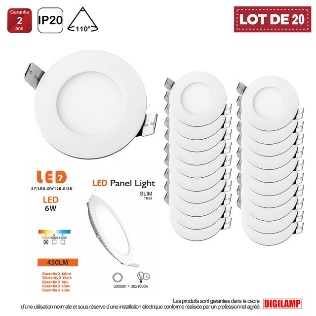 Lot de 20 Spot Encastrable Led Downlight Panel Extra plat 6w Blanc Chaud 3000k, Diamètre : ø120mm - Digilamp