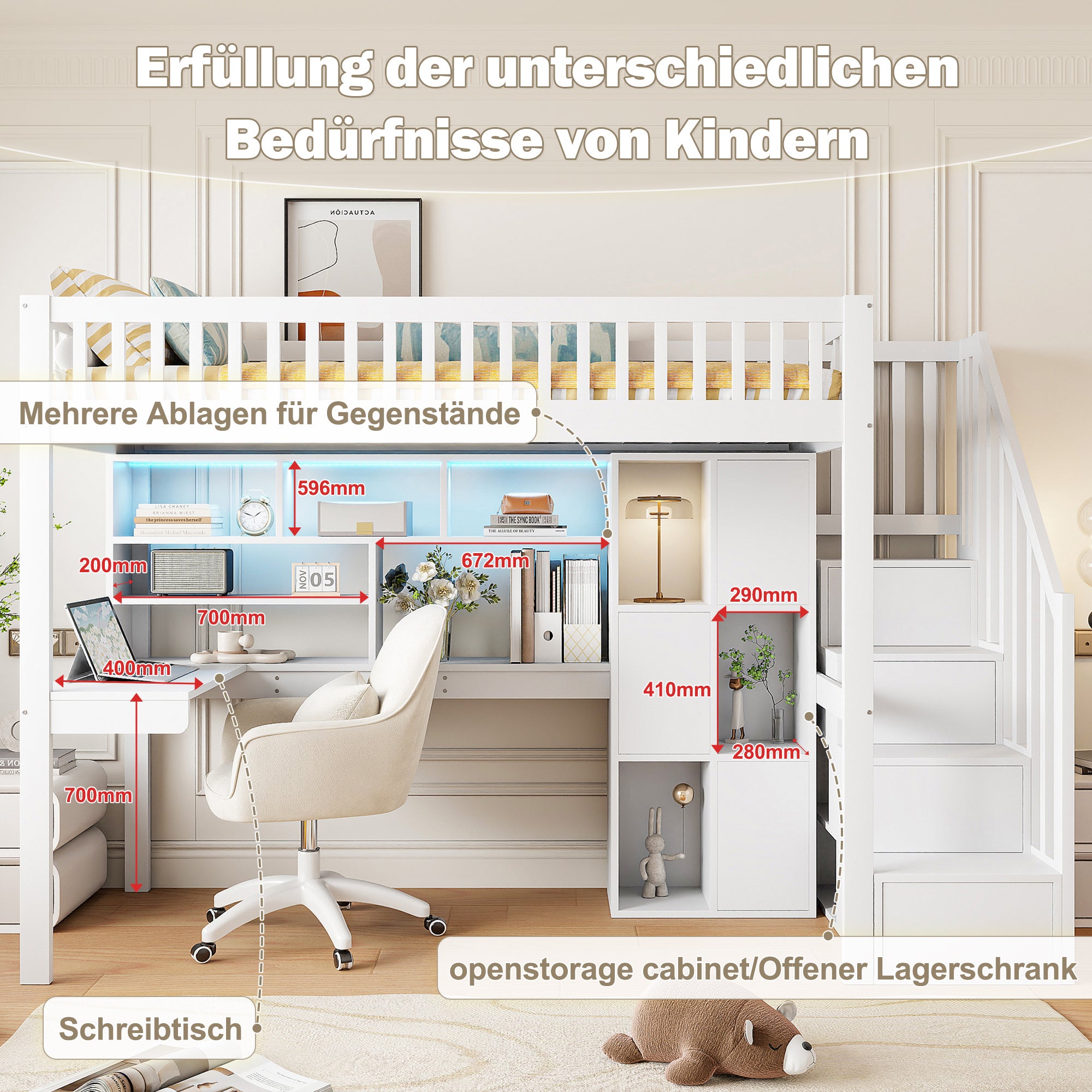 Lit mezzanine en bois 90x200cm, Lit superposé avec escalier de rangement et bureau, éclairage LED, lit d'enfant avec sommier à lattes, blanc - 3