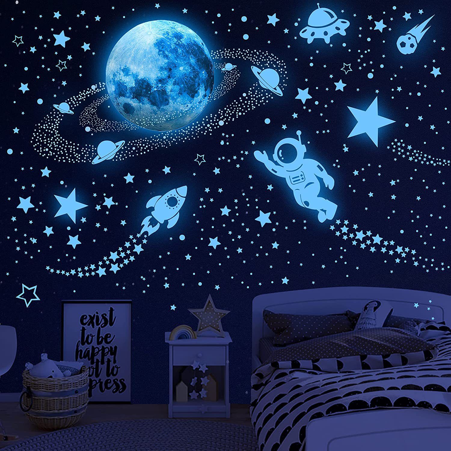 Naklejki świecące w ciemności z planetami, naklejki świecące w ciemności z gwiazdami, naklejki ścienne świecące w ciemności z astronautami i galaktyk