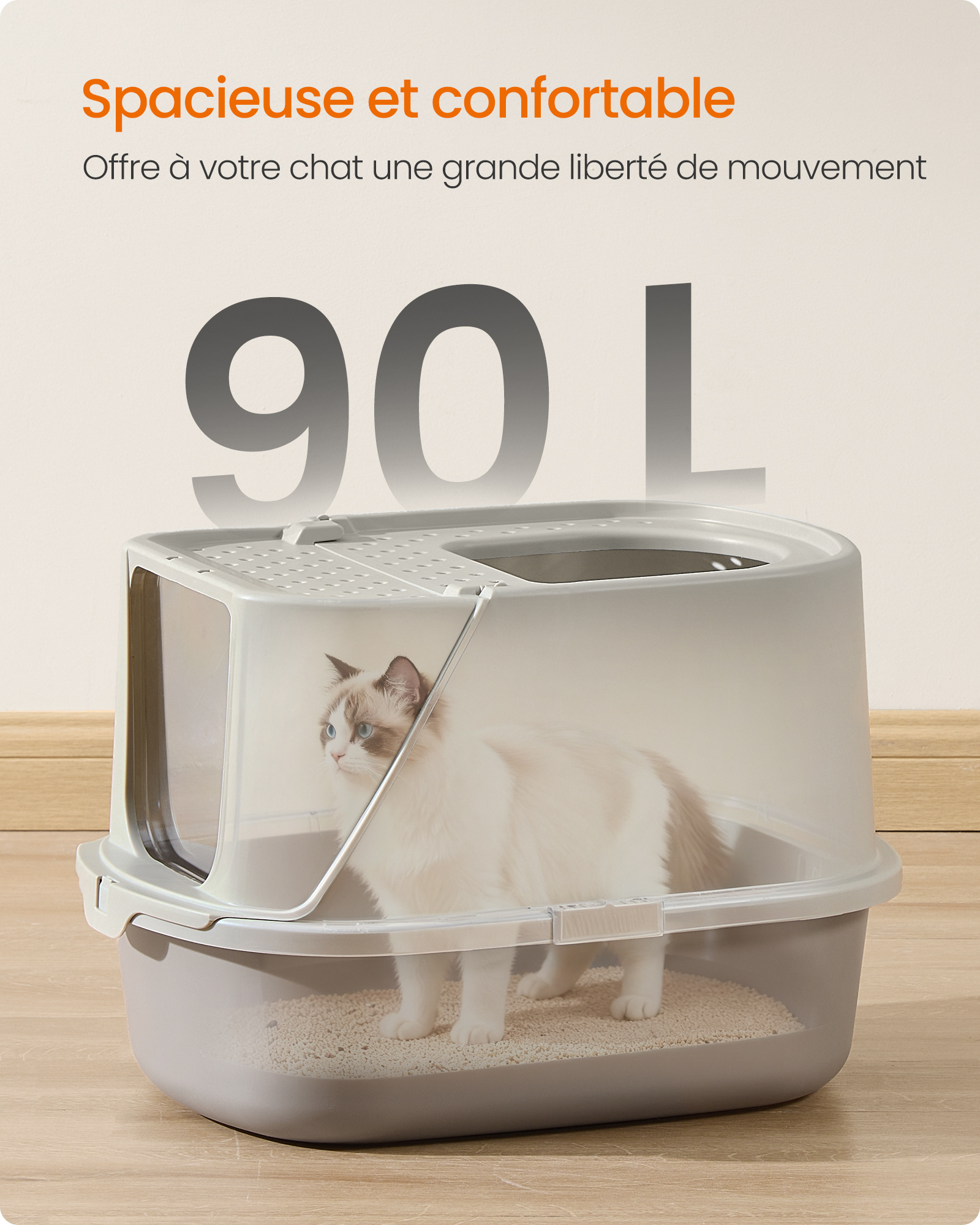 Grand Bac à Litière pour Chat, Taille XXL, Litière pour Chat avec Couvercle Basculant, avec Pelle et Brosse, pour Chats Jusqu’à 15 kg, Avoine et Gris - 4
