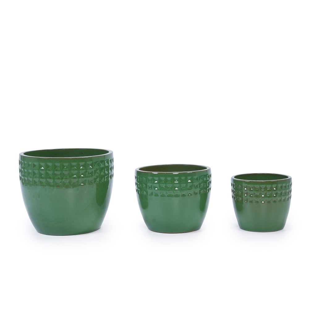 Set de 3 macetas de cerámica hechas a mano, patrón rombo verde, drenaje integrado, resistente interior/exterior Ø38/30/23 cm - 7