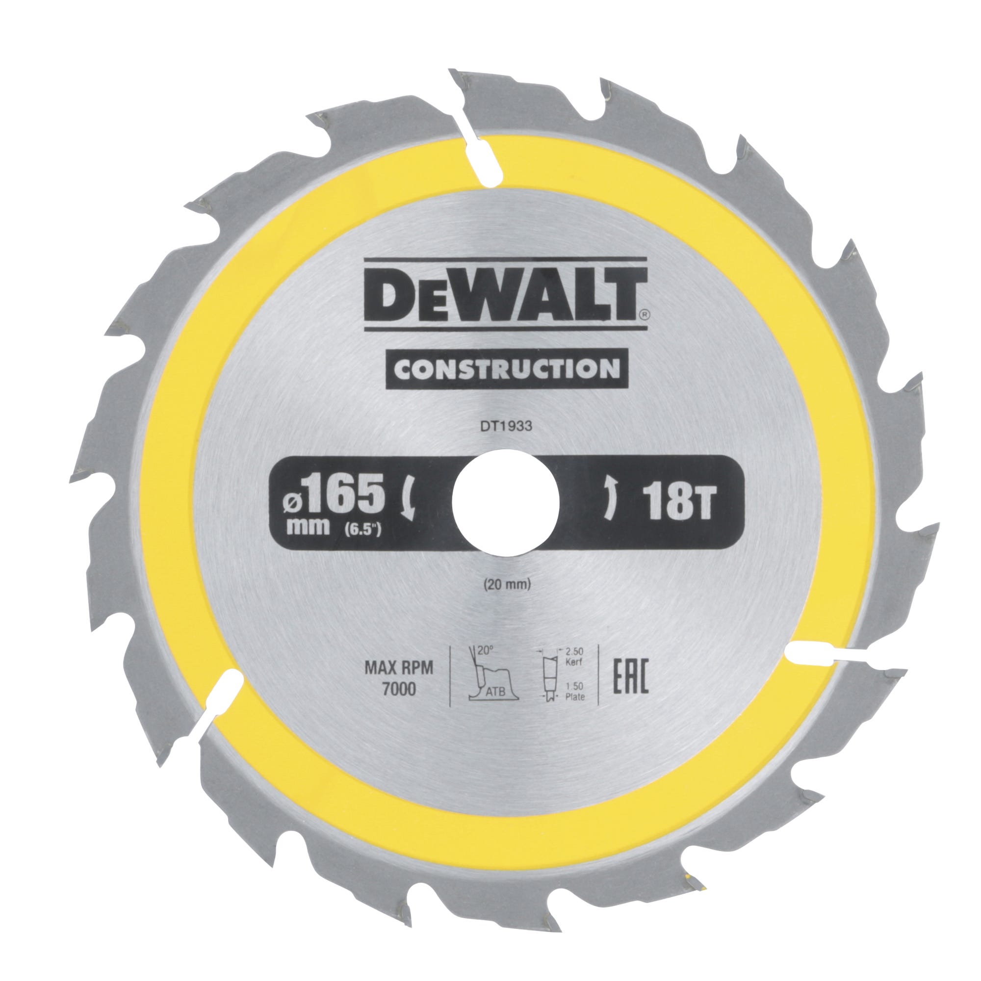 DeWalt, DT1933, QZ, Hoja para construcción 165 x 20mm 18T (AC)