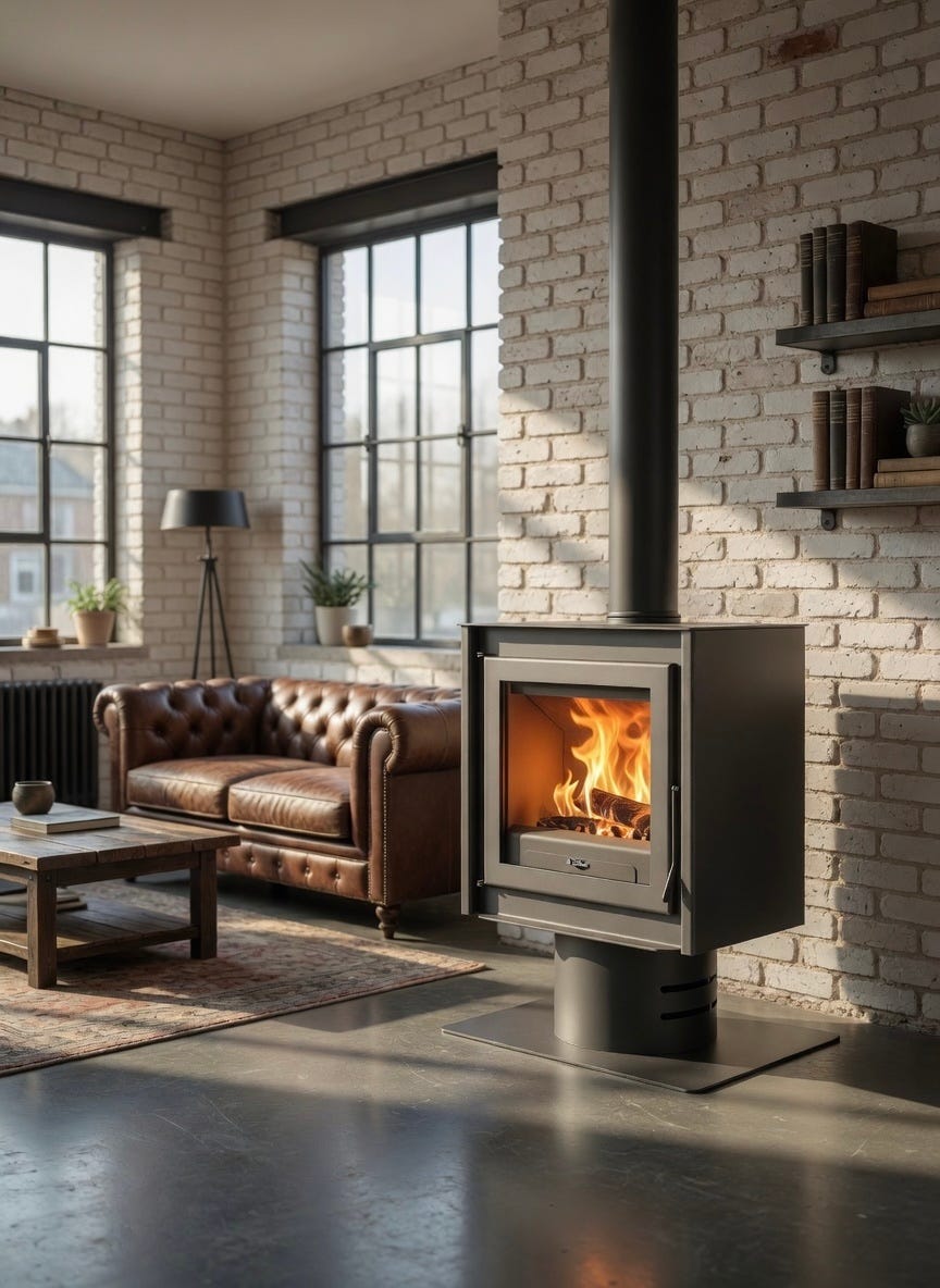 Estufa de leña contemporanea Juan Panadero TOSCANA 11 kw / Alto rendimiento 85% / Triple combustion / Vidrio limpio.