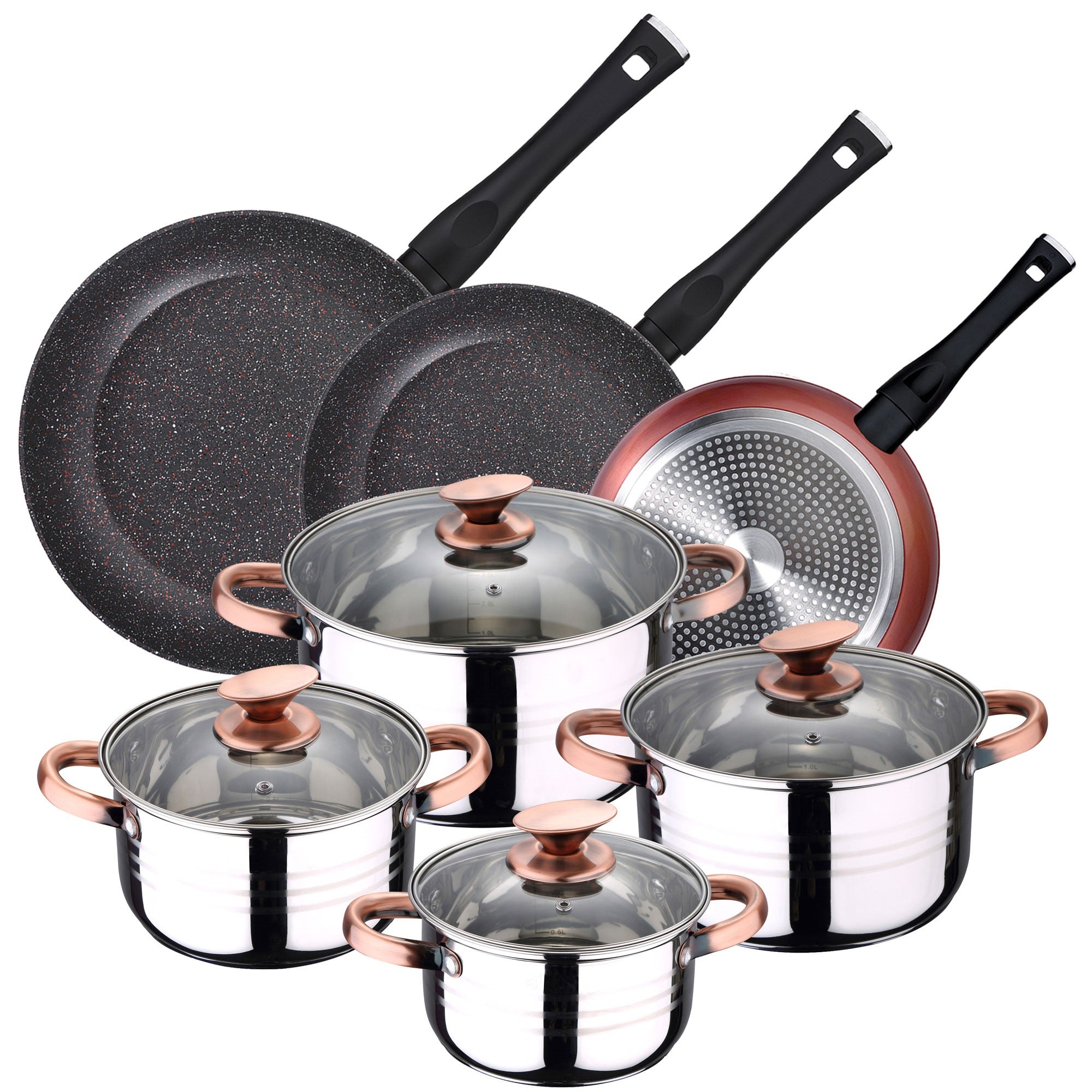 Batterie De Cuisine 16 Pièces Tectake - Poêles, Casseroles, Accessoires - Compatible Induction, Gaz, Vitrocéramique - Blanc