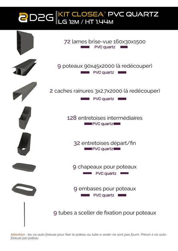 Kit cloture - Lame 16cm - PVC Quartz - LG: 12m x H: 1m44 - 4