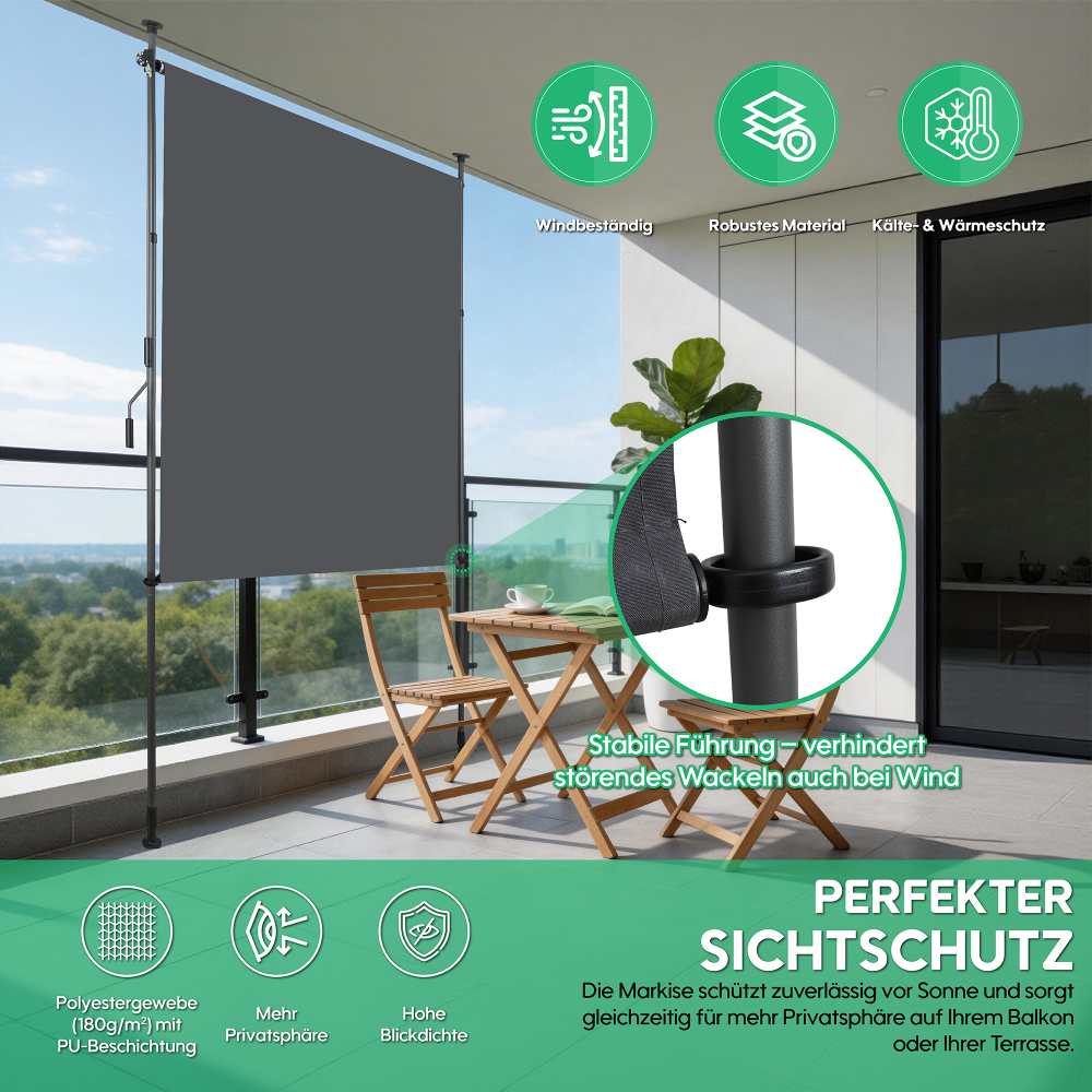 Store banne extérieur vertical sans perçage, pare-vue balcon terrasse, polyester anthracite 120x270cm, protection vent UV, avec manivelle - 5