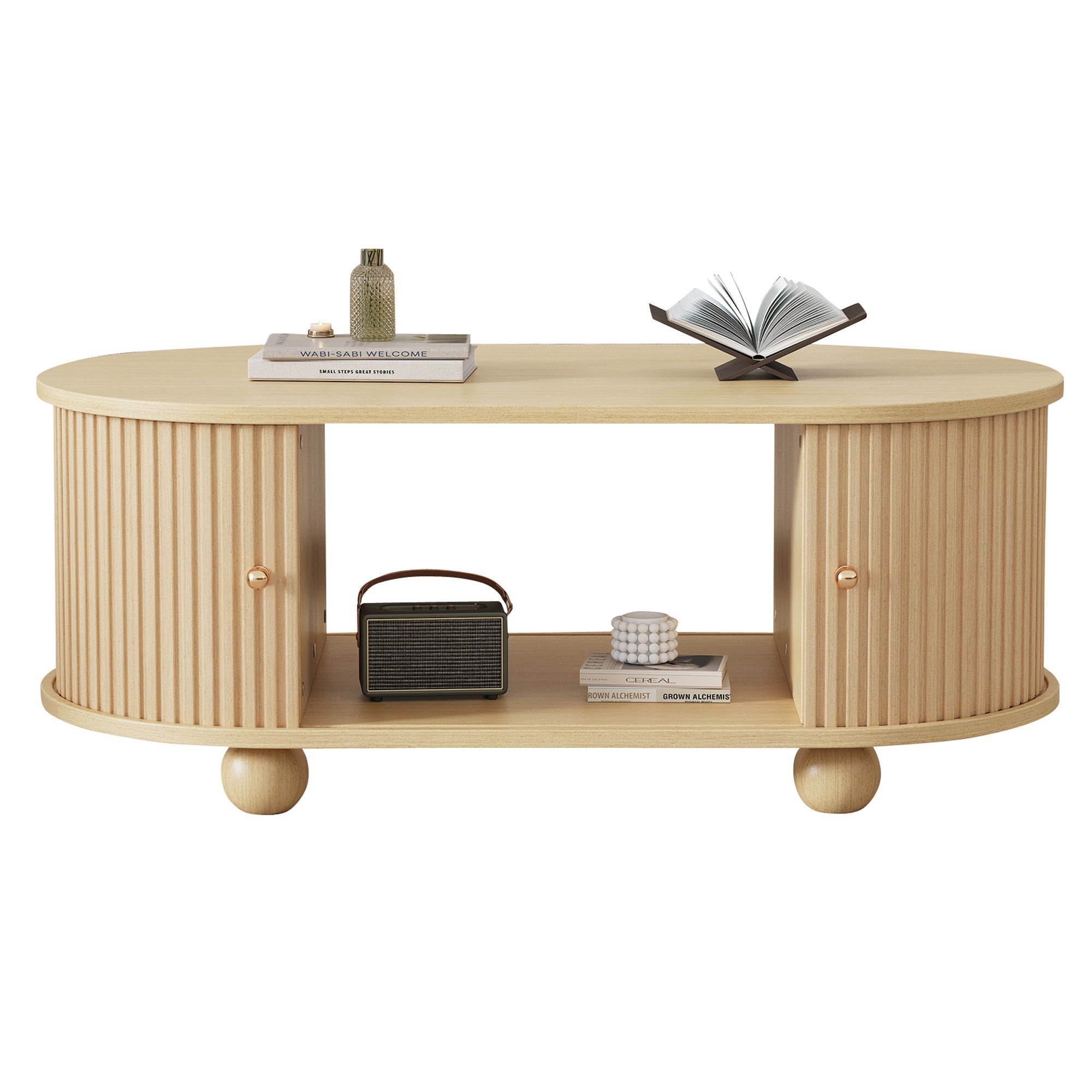 Table basse 100x50x40cm - avec rangement - avec portes coulissantes - naturel - 4