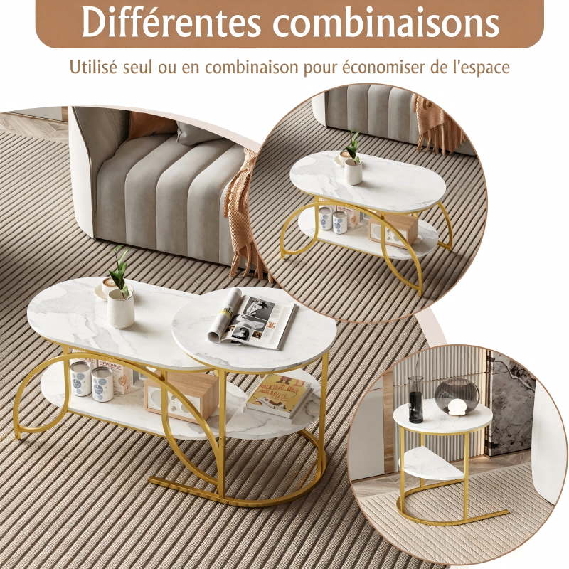 Meuble Table Basse,Table d'appoint, table de canapé 80 x 46 x 51,Table Marbre, Bout de Canapé, Blanc + doré, pour salon, chambre à coucher - 8