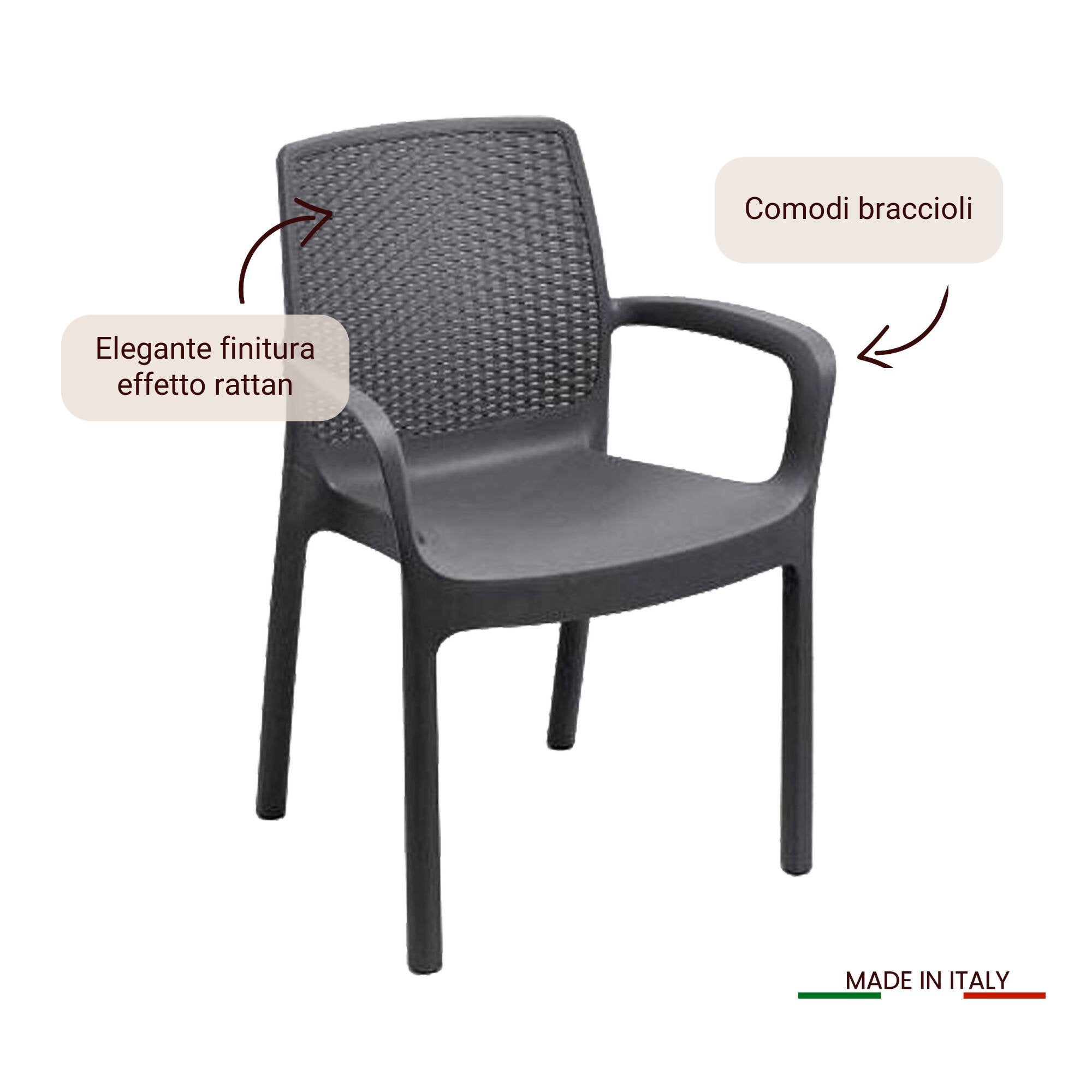 Sedia da Esterno Made in Italy, 4 Sedie Impilabile, Peso Supportato 120 kg, Grigio Antracite - Anacleton - 7