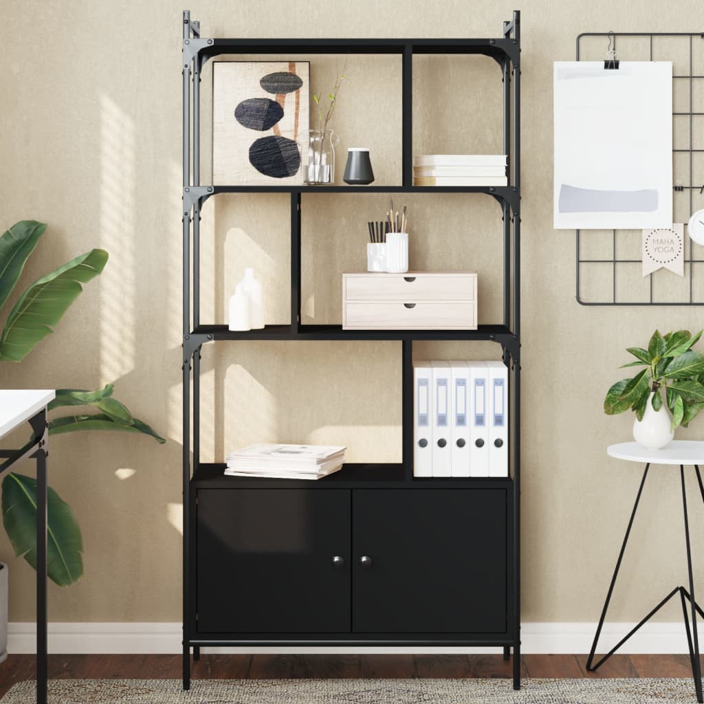 Libreria Alta Con Ante 190 Cm | Scaffale 5 Ripiani + Armadio In Legno Per Soggiorno, Ufficio, Biblioteca | Nero, 60x190x40 Cm, Kit Anti-Ribaltamento