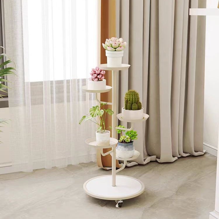 Mobilna żeliwna półka na rośliny, wielopoziomowy stojak na doniczki, wersja biała, 5 doniczek