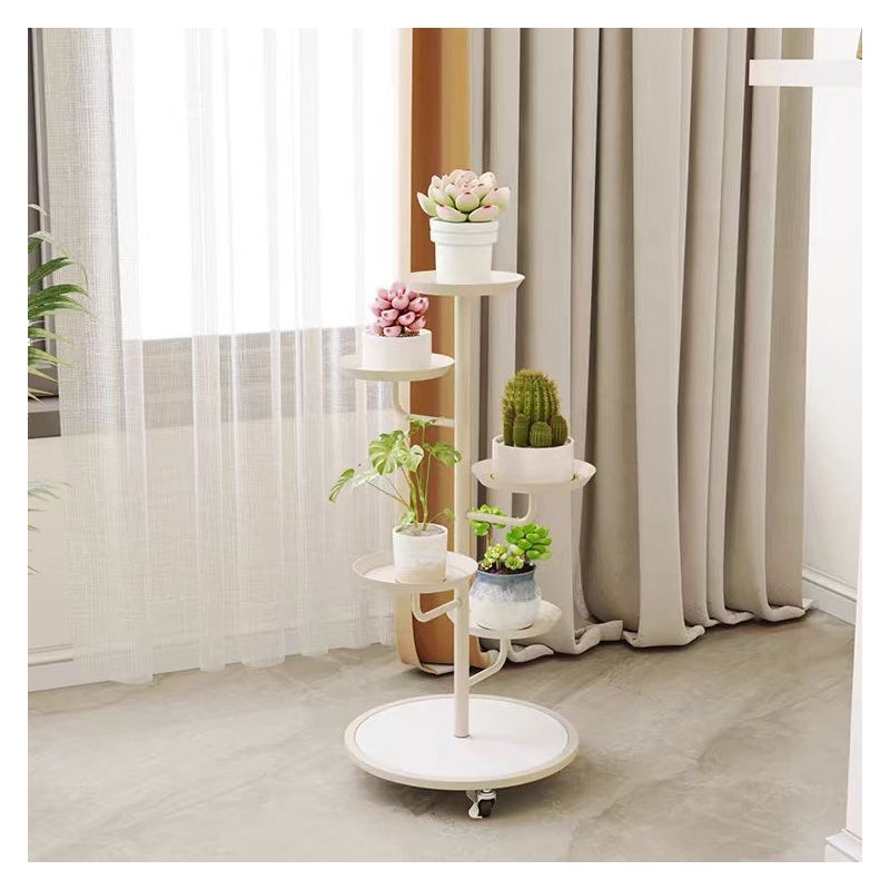 Mobilna żeliwna półka na rośliny, wielopoziomowy stojak na doniczki, wersja biała, 5 doniczek