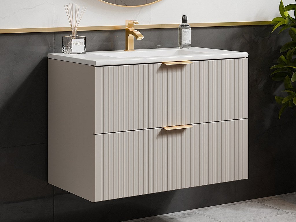 Szafka łazienkowa wisząca ryflowana z umywalką wpuszczaną w blat - Beżowy - 80 cm - ZEVARA