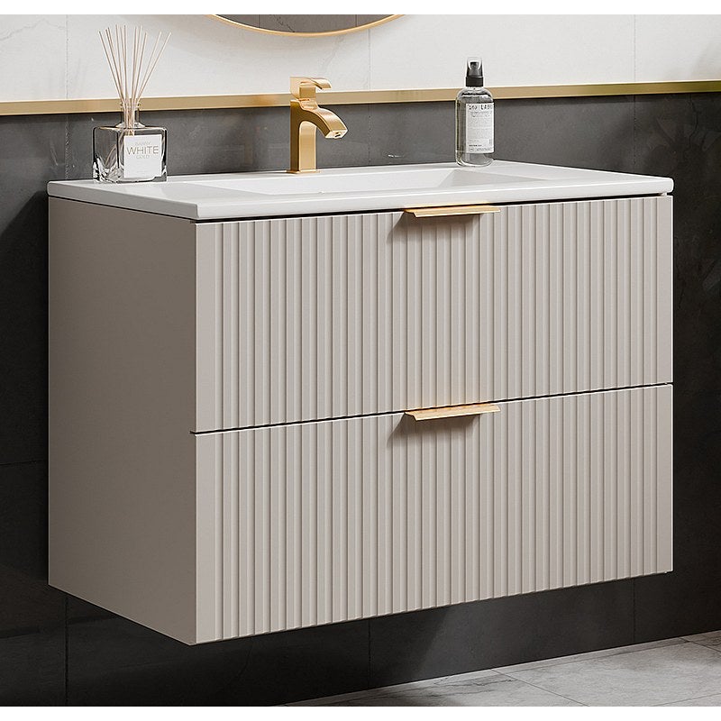 Szafka łazienkowa wisząca ryflowana z umywalką wpuszczaną w blat - Beżowy - 80 cm - ZEVARA