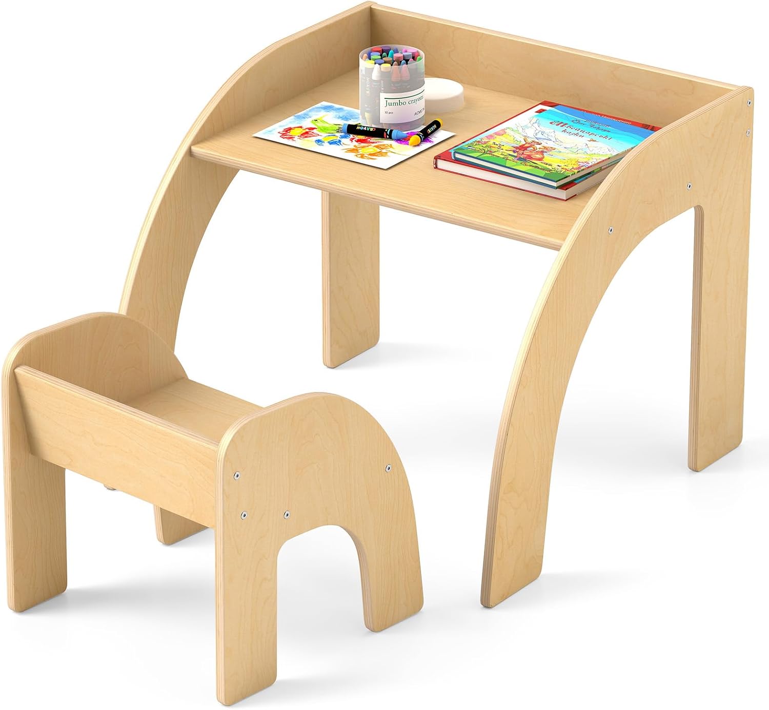 Stolik Dziecięcy z Krzesełkiem, Drewniane Biurko Dziecięce z Ergonomicznym Krzesełkiem, Szeroki Blat, Mały Stolik do Zabawy (Naturalny)