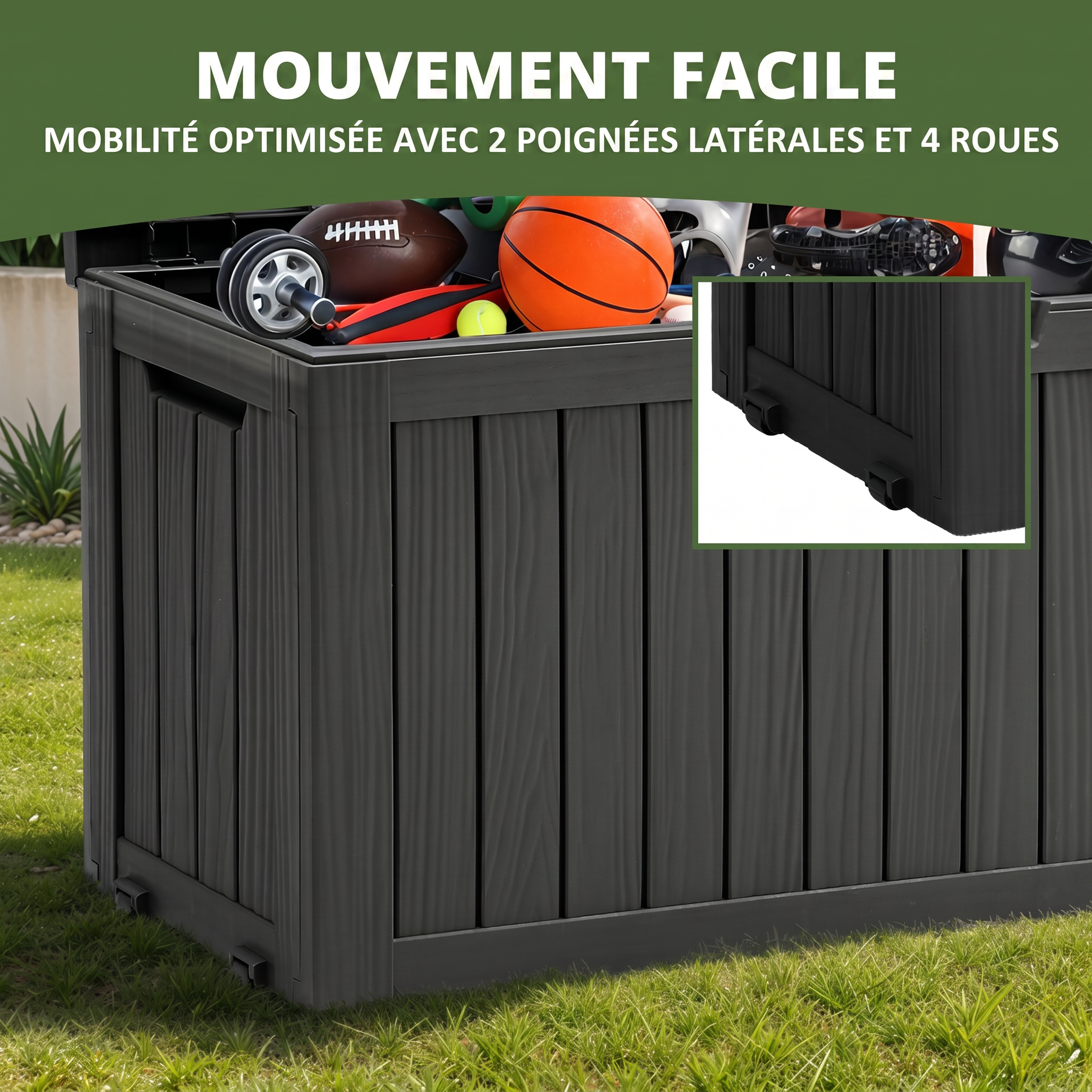YITAHOME Caja de Almacenamiento Exterior con Ruedas-Caja de Cubierta de Plástico 270L-117 x 53.5 x 55 cm-Negro - 7