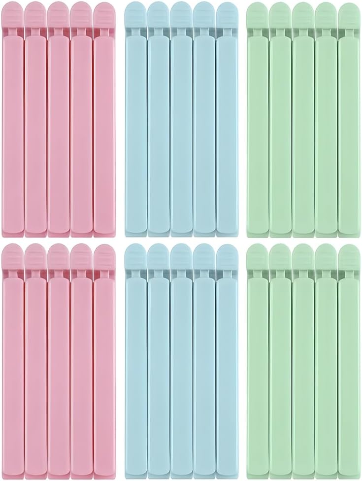 Klipsy do torebek na żywność, zielone, różowe, niebieskie, 15,5 x 1,5 cm, opakowanie 30 sztuk, praktyczne do zamykania różnego rodzaju opakowań z żywn