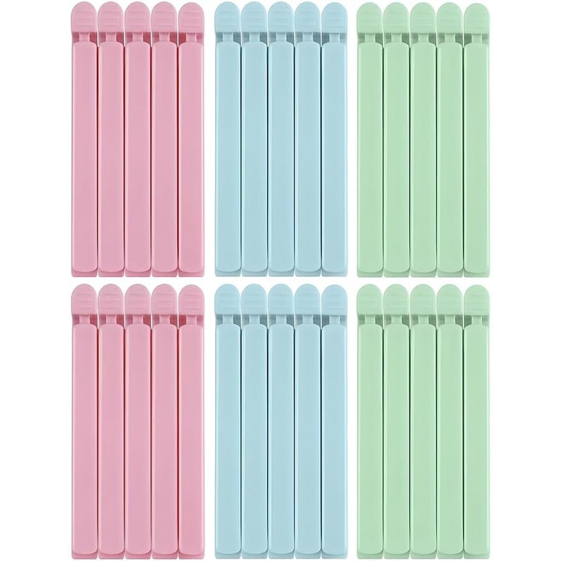 Klipsy do torebek na żywność, zielone, różowe, niebieskie, 15,5 x 1,5 cm, opakowanie 30 sztuk, praktyczne do zamykania różnego rodzaju opakowań z żywn