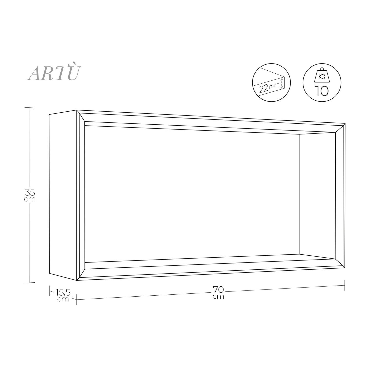 Tikub, étagère murale rectangulaire, 70x25x15cm Chene vincenza