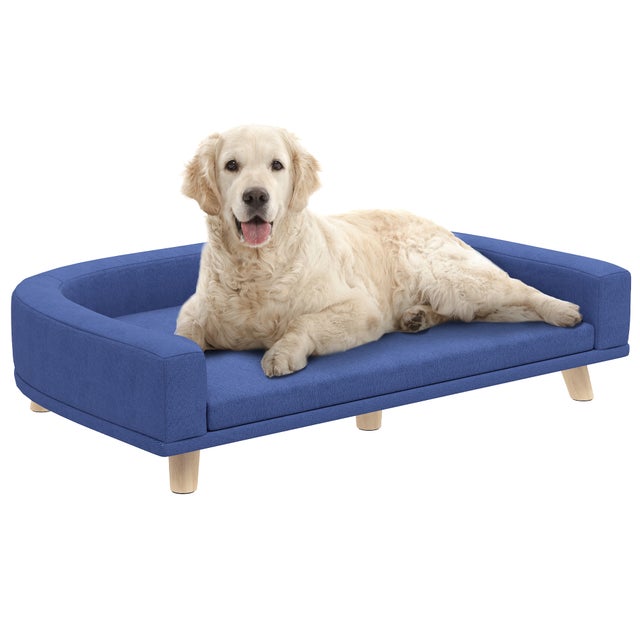 Legowisko dla psa pies sofa zwierzę sofa, Eucalyptus drewno, 98 x 67 x 25 cm, niebieski