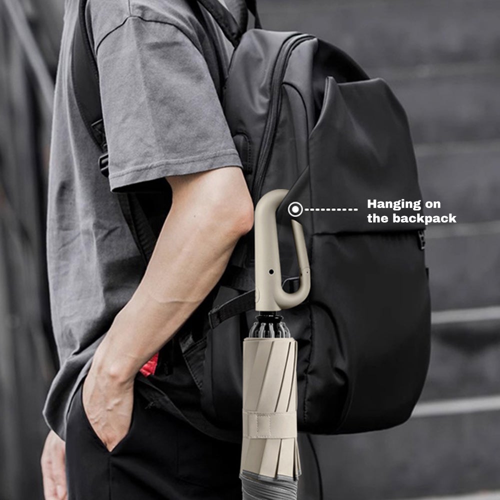 Parapluie entièrement automatique avec poignée à mousqueton, parapluie pliable inversé à 10 baleines - 2