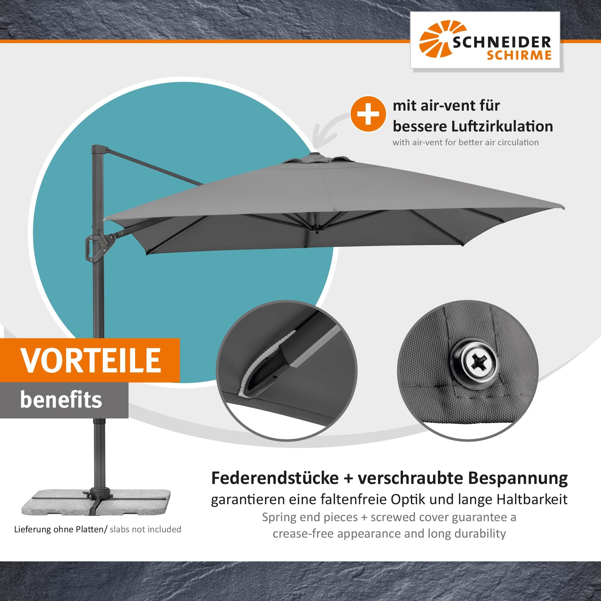 Parasol déporté Schneider Tavo anthracite, 400 x 300 cm – rotatif 360°, inclinable, avec housse et support pour dalles - 6