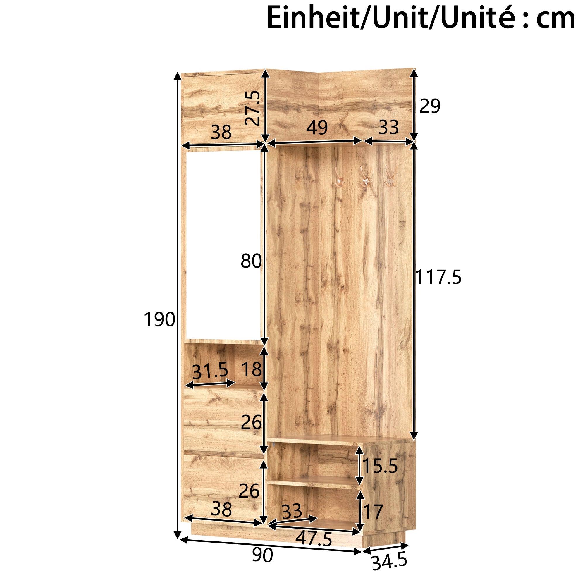 Szafka na buty z lustrem, ławką, wieszakami, 3 drzwiami i 1 szufladą - 90 x 34,5 x 190 cm - MDF - Naturalna - 4