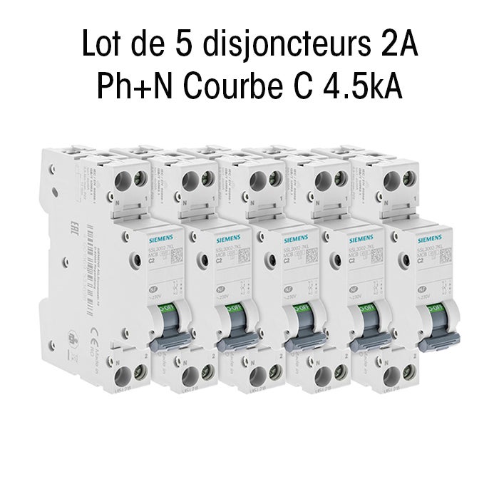 Lot de 5 disjoncteurs Siemens, 2 A, courbe C, 4,5 kA, AC/DC, norme NF EN 60898, garantie 2 ans - 3