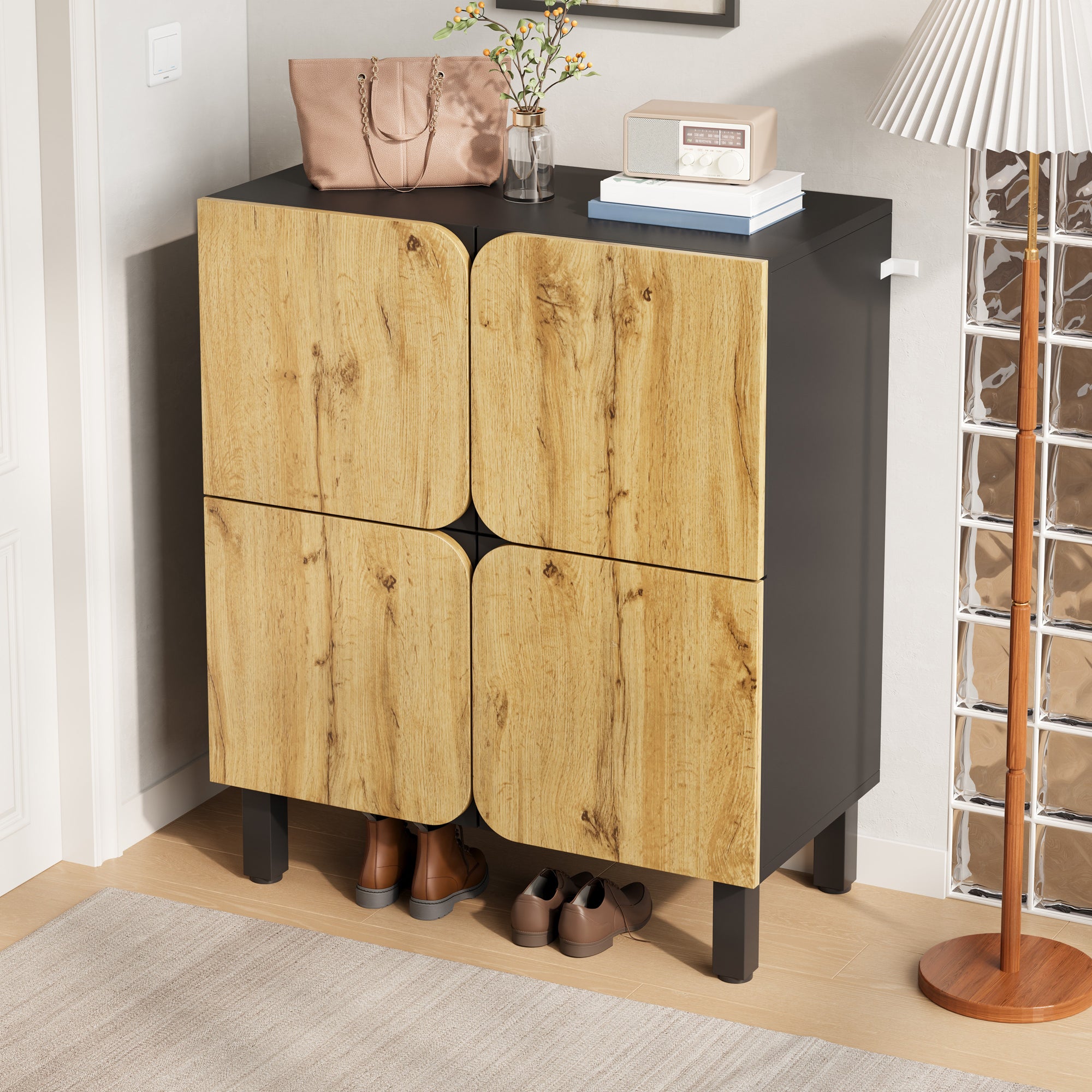 Szafka na buty z 4 drzwiami na zawiasach - 80 x 38,5 x 95 cm - MDF i nogi żelazne - Naturalny + czarny