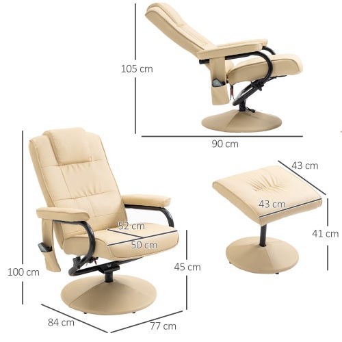 Fauteuil Relax avec Fonction Relaxation, Fauteuil de Massage TV avec Repose-pieds, Cuir Synthétique Crème, 77x84x95 cm - 3