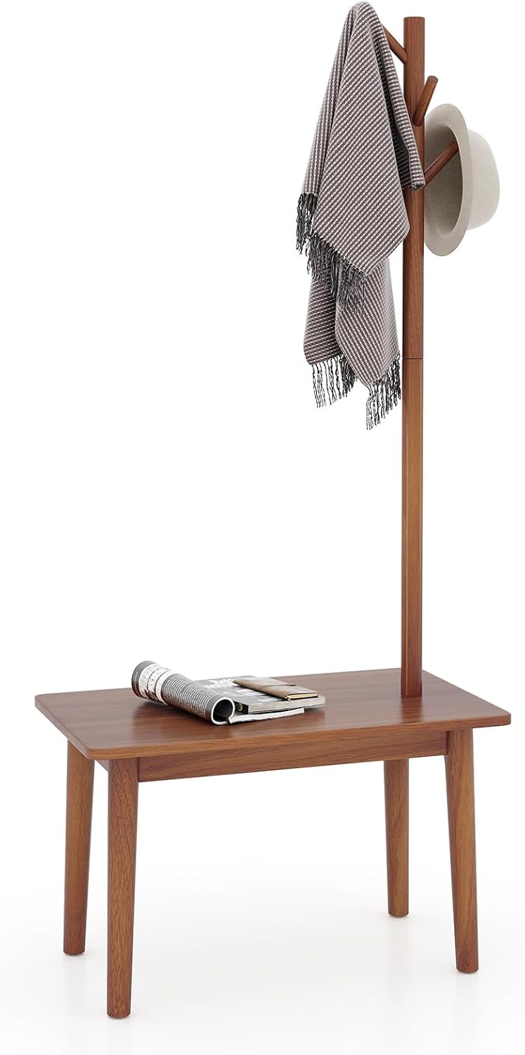 Appendiabiti In Legno Tangkula 191,8cm Con 12 Ganci E Portaombrelli - Marrone/Grigio/Rovere - Girevole - 3