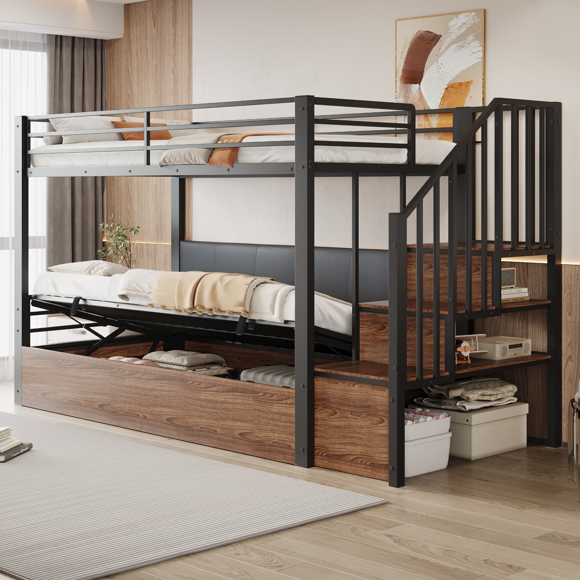 Łóżko piętrowe 90 x 200 cm z drabinką i skrzynią hydrauliczną - Metal, MDF i sklejka - Czarne (materac nie jest wliczony w cenę)