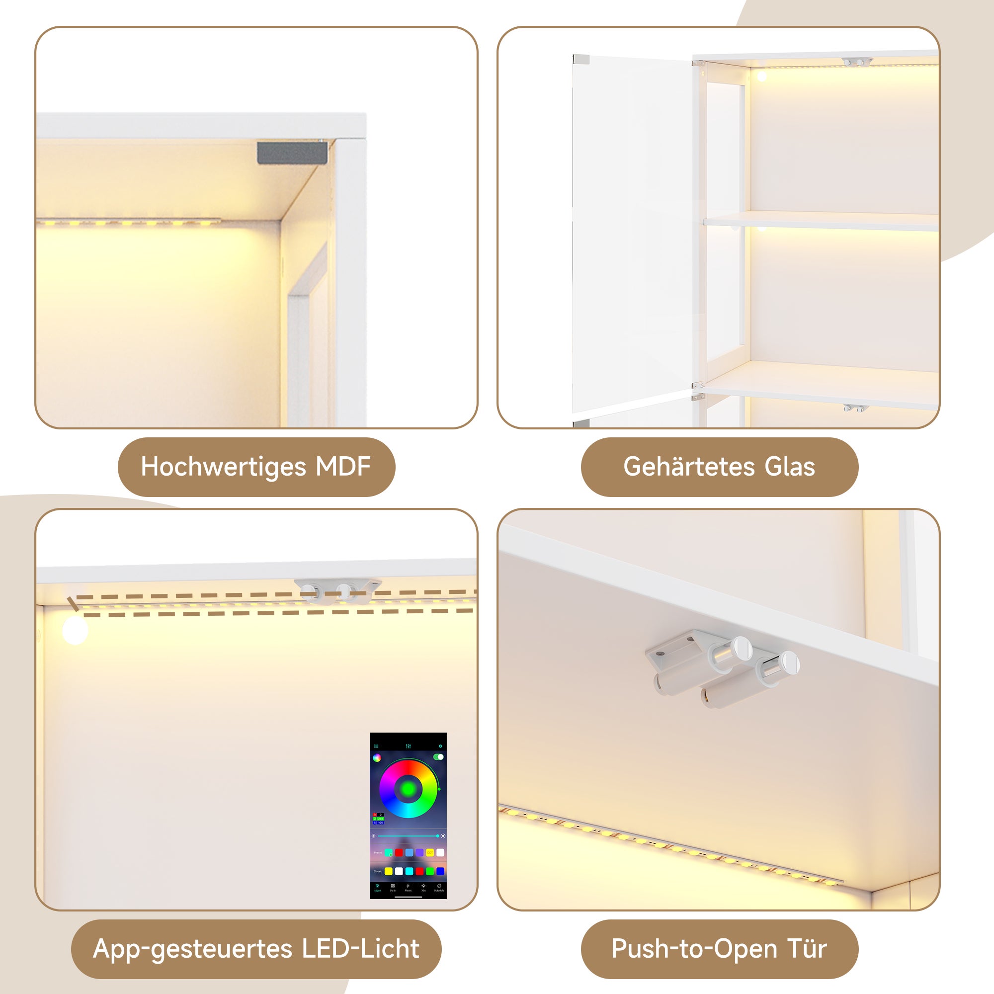 Witryna z 4 drzwiami - 80 x 35 x 170 cm - Płyta MDF i szkło - Uchwyty metalowe - Oświetlenie LED sterowane za pomocą aplikacji - Biały - 8