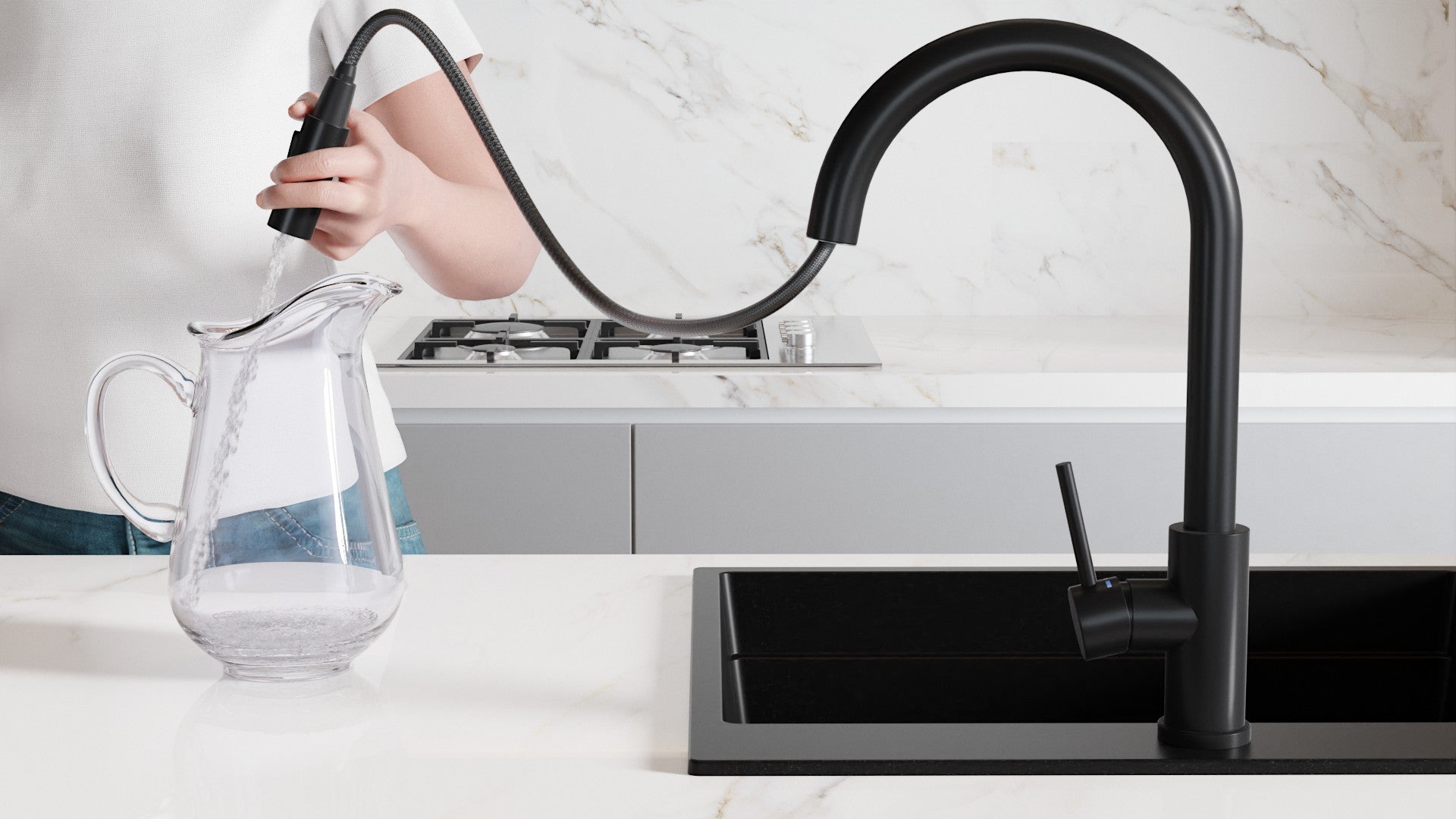 PRIMAGRAN Rubinetto da cucina 9010 nero con due tipi di getto, Rubinetto ad alta pressione, Rubinetto da cucina girevole a 360° - 2