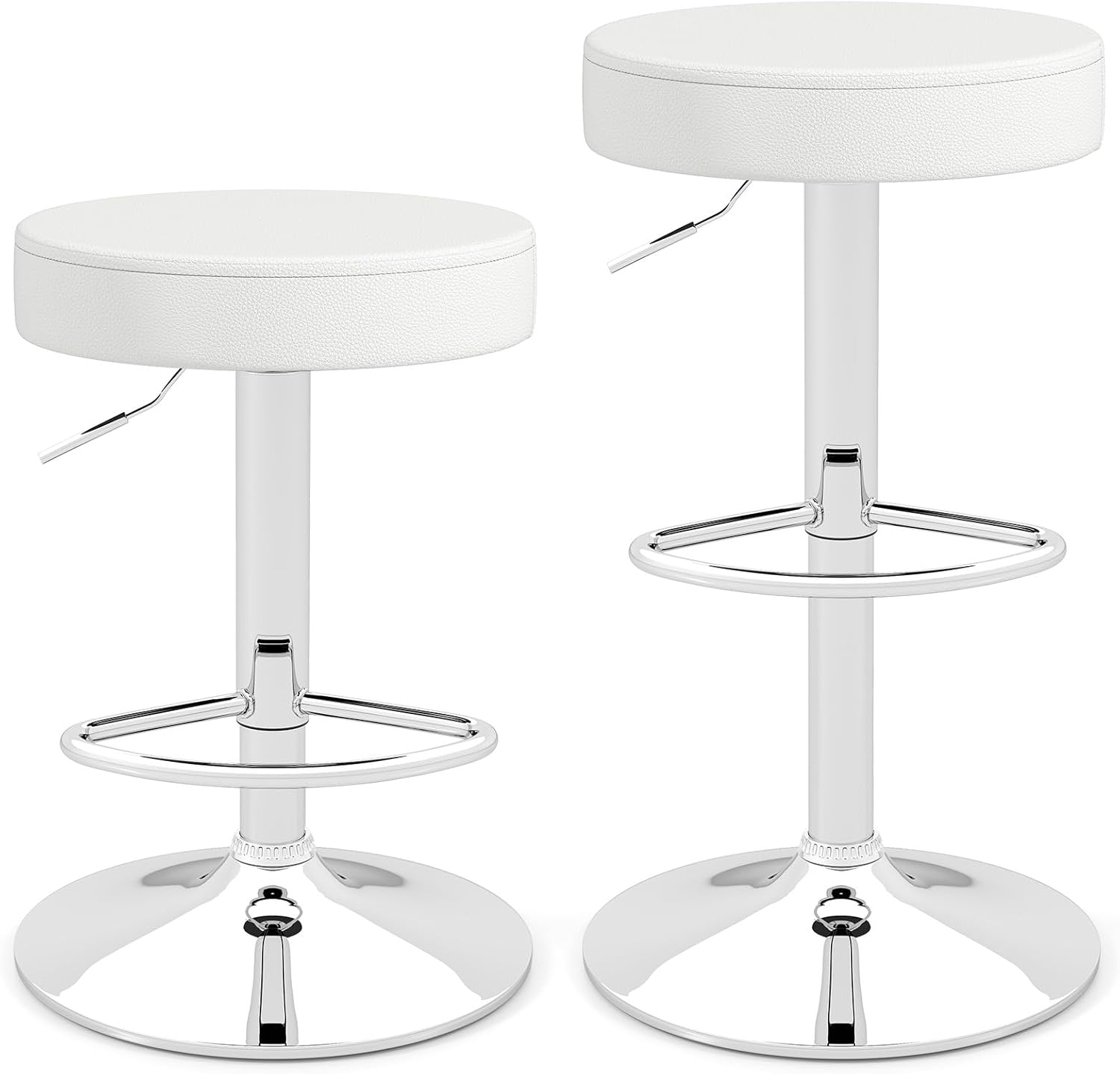 Zestaw 2 Krzeseł Barowych, Obrotowych o 360° z Podnóżkiem, Okrągłą i Antypoślizgową Podstawą, Regulowaną Wysokością od 65 do 85 cm, Kolor Biały