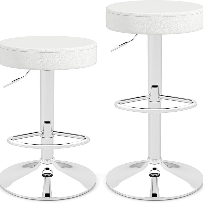 Zestaw 2 Krzeseł Barowych, Obrotowych o 360° z Podnóżkiem, Okrągłą i Antypoślizgową Podstawą, Regulowaną Wysokością od 65 do 85 cm, Kolor Biały