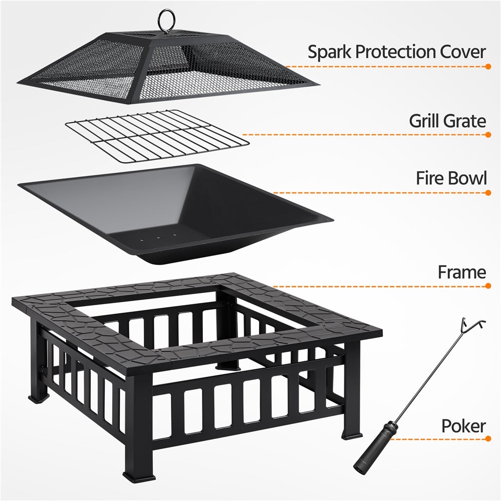 Brasero Extérieur Carré en Métal pour Chauffage avec Couverture et Poker, Noir Yaheetech - 6